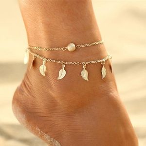 NEW Gold Two Layer Leaf And Bead Ankle Bracelet